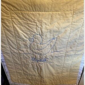 Yellow/white gingham Vintage handmade quilt “Elizabeth” embroidered in center
